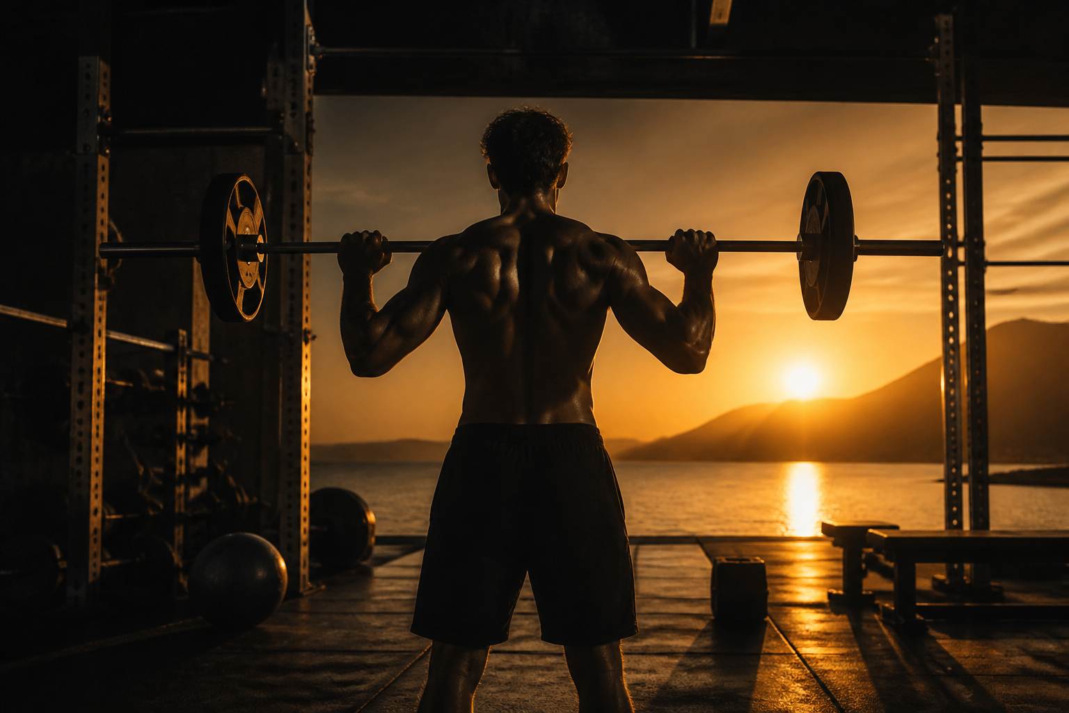 Athlète en pleine séance d'entraînement de musculation, ambiance premium au lever du soleil
